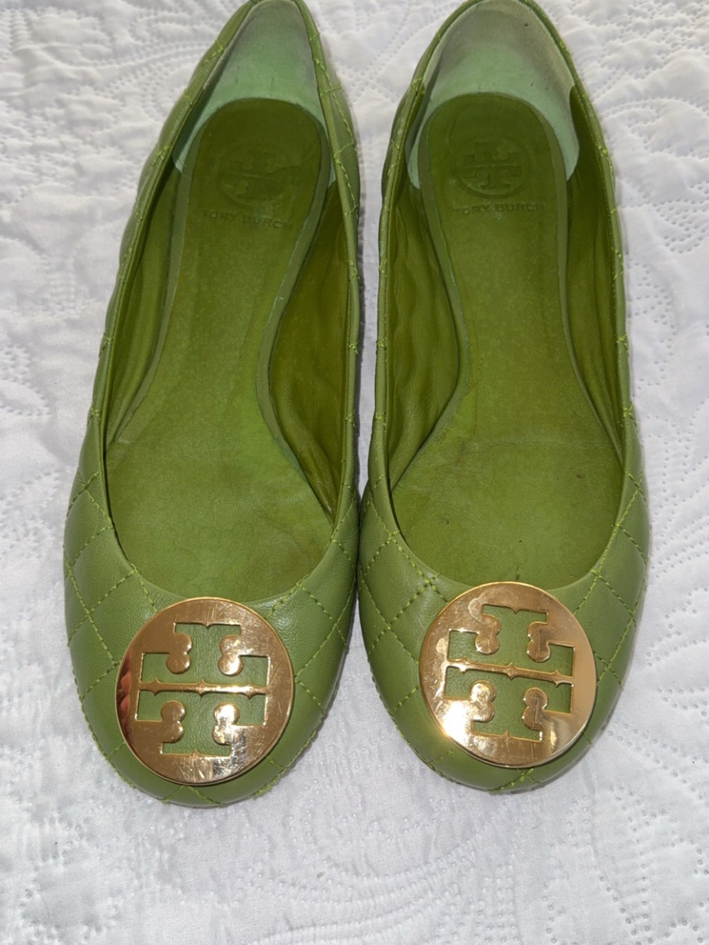 Tory Burch Olive Quilted Leather Logo Ballet Flats with Gold Medallion